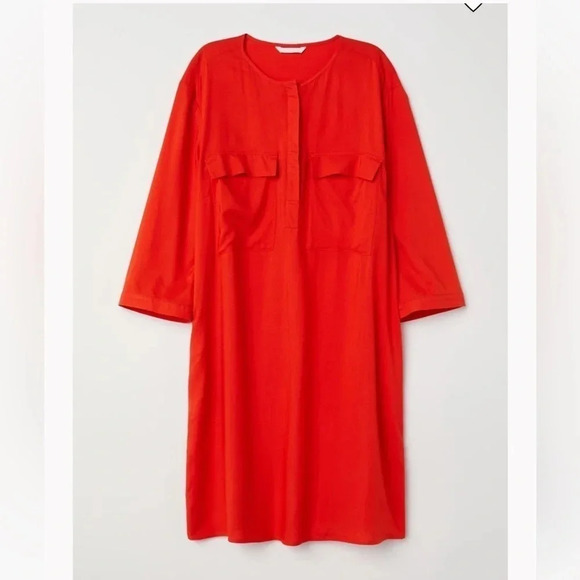 H&M lightweight bright red long sleeve Shirt Dress size 14 - Picture 1 of 8
